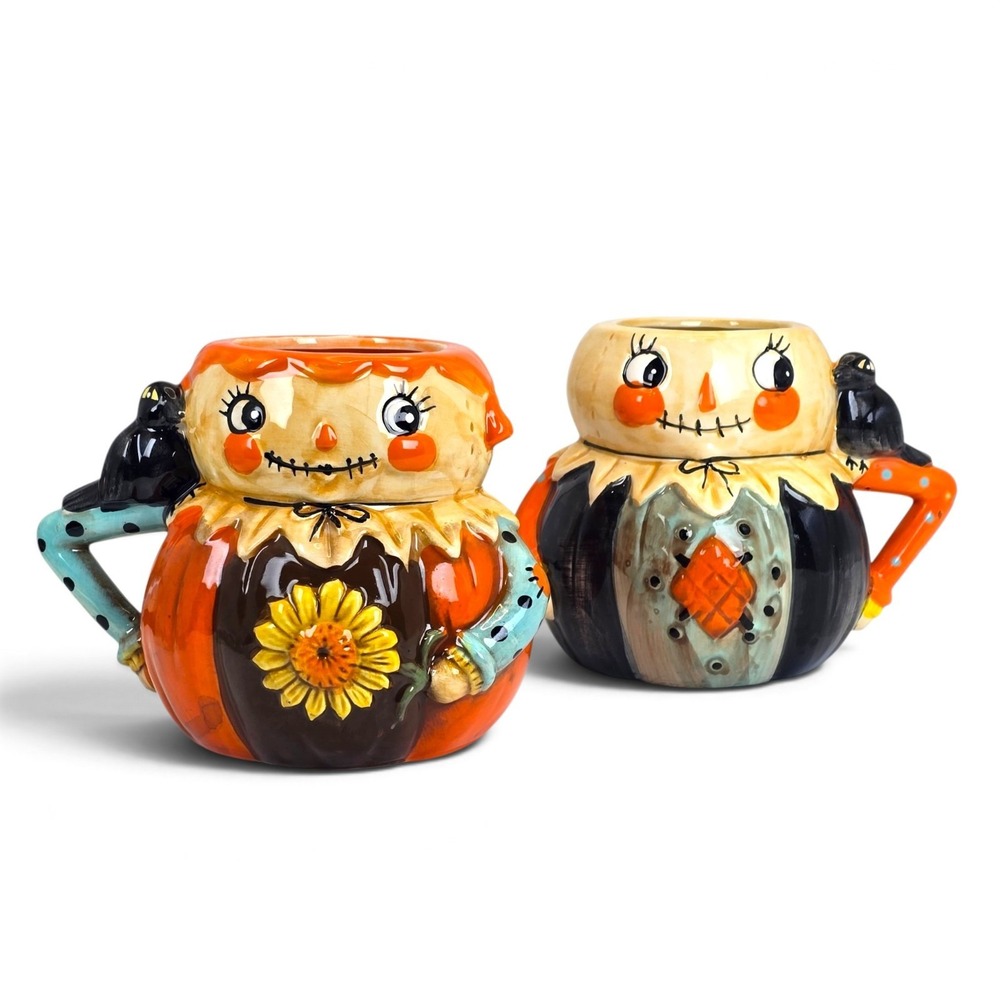 Johanna Parker Pumpkin Peeps Scarecrow Mug Set of 2 Crow Fall Halloween